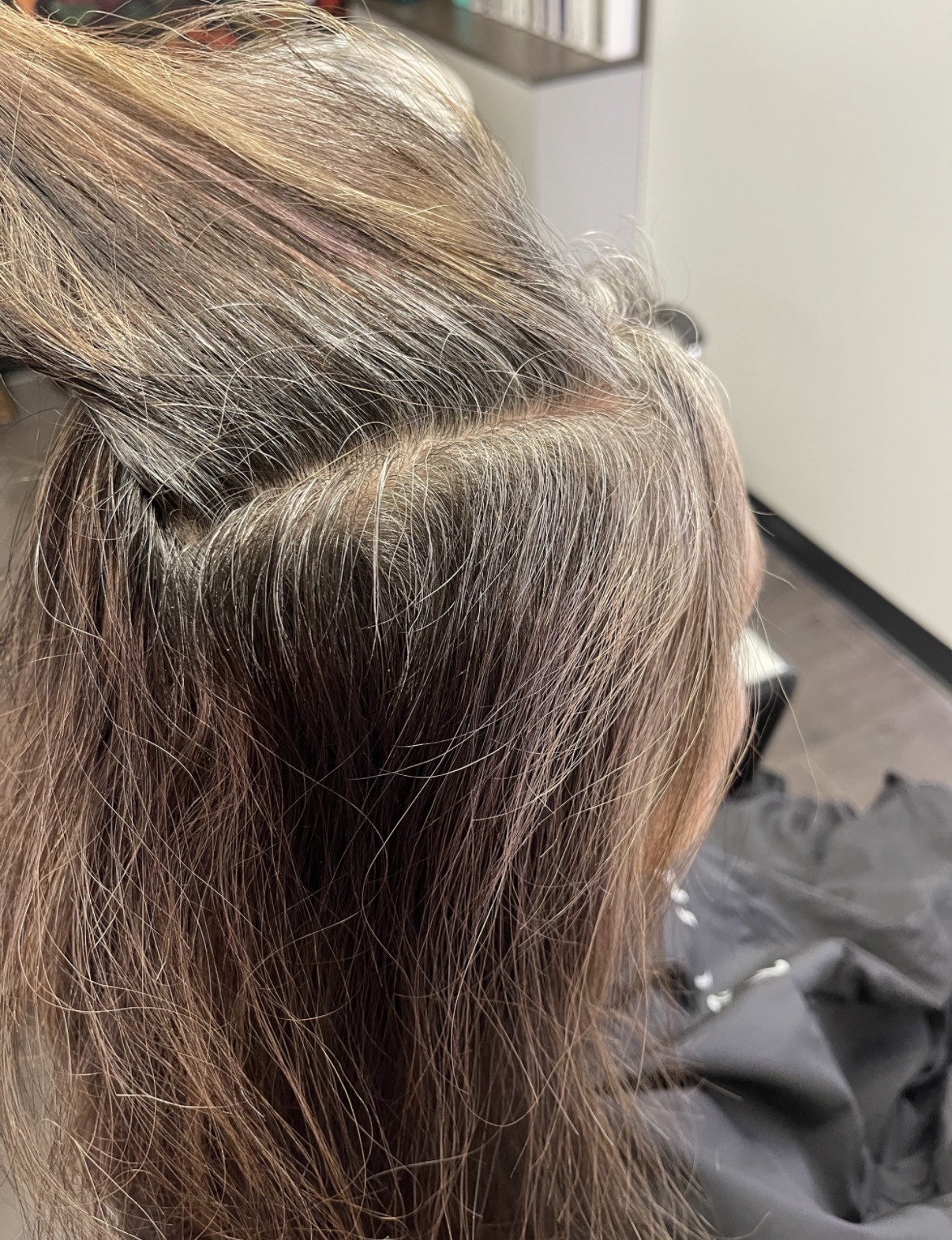 Before: grey regrowth and warm highlighted lengths at the part