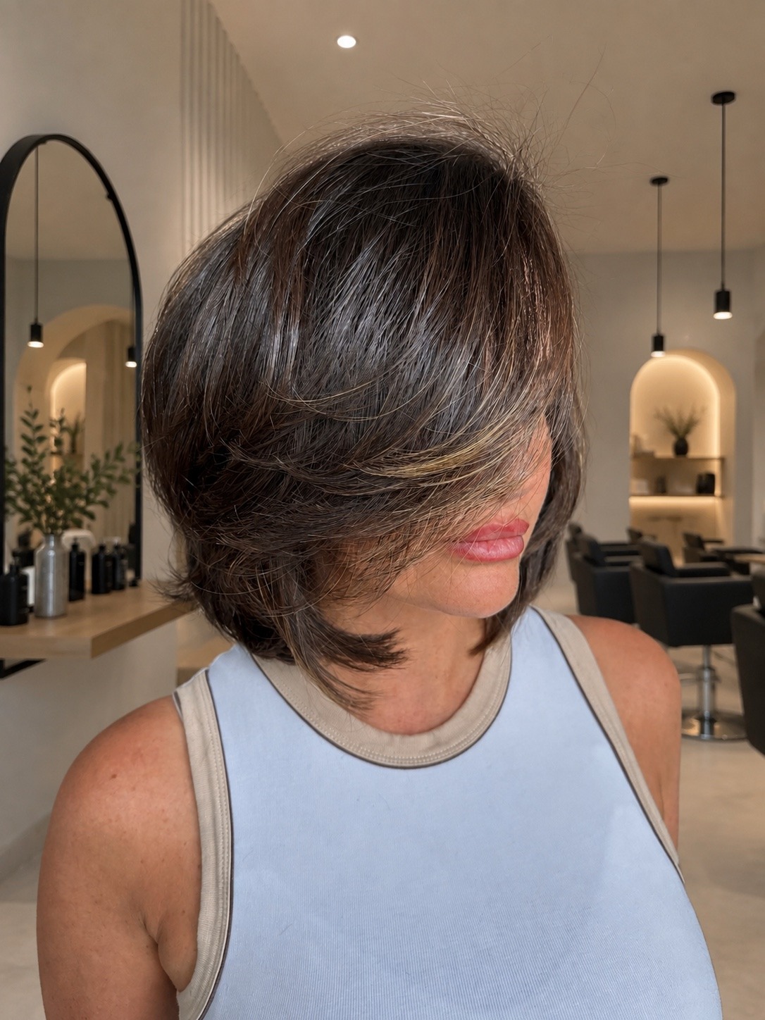 A layered brunette bob
